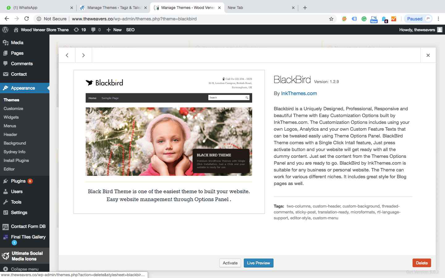 Removing theme through a WordPress dashboard.